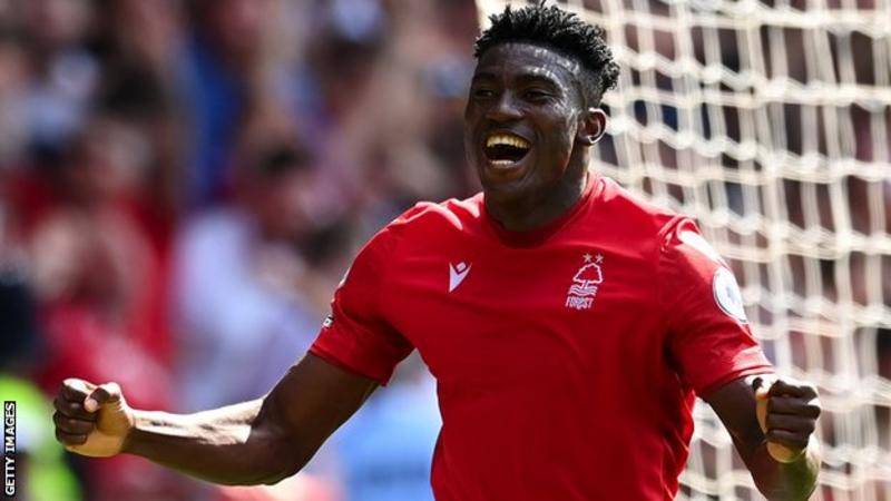 Nigerian Striker Taiwo Awoniyi Celebrates Nottingham Forest's Historic Goal.