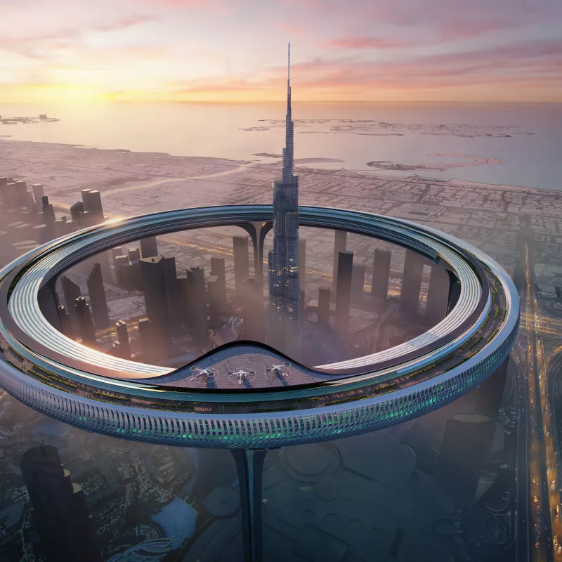 Architects in Dubai dream up a massive space-age ring to encircle the world’s tallest building